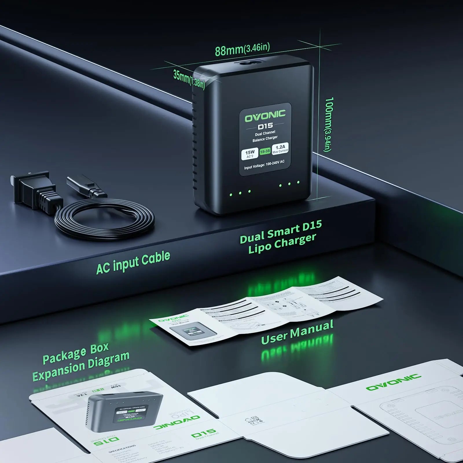 OVONIC D15 Dual LiPo Battery Charger 30W AC100-240V Balance Charger for 1S-3S LiPo Batteries High Power Fast Charging