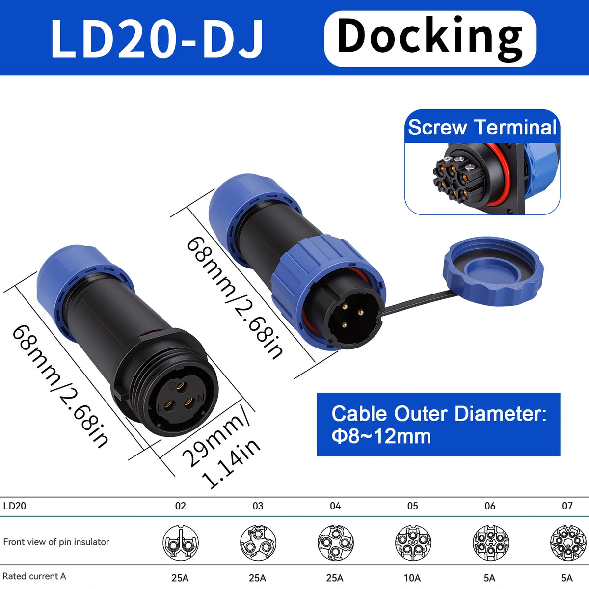 Waterproof IP68 Aviation Plug LD20-2/3/4/5/6/7 Pin No-welding Screw crimp Wire cable Connector Male Plug and Female Socket