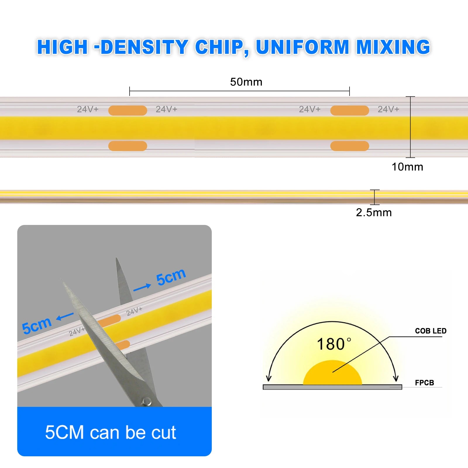 IP67 Waterproof 12/24V COB LED Strip Light 480LED/m Dimmable RA90 LED Lights High Density Flexible Ribbon Tape 3000K 4000K 6000K