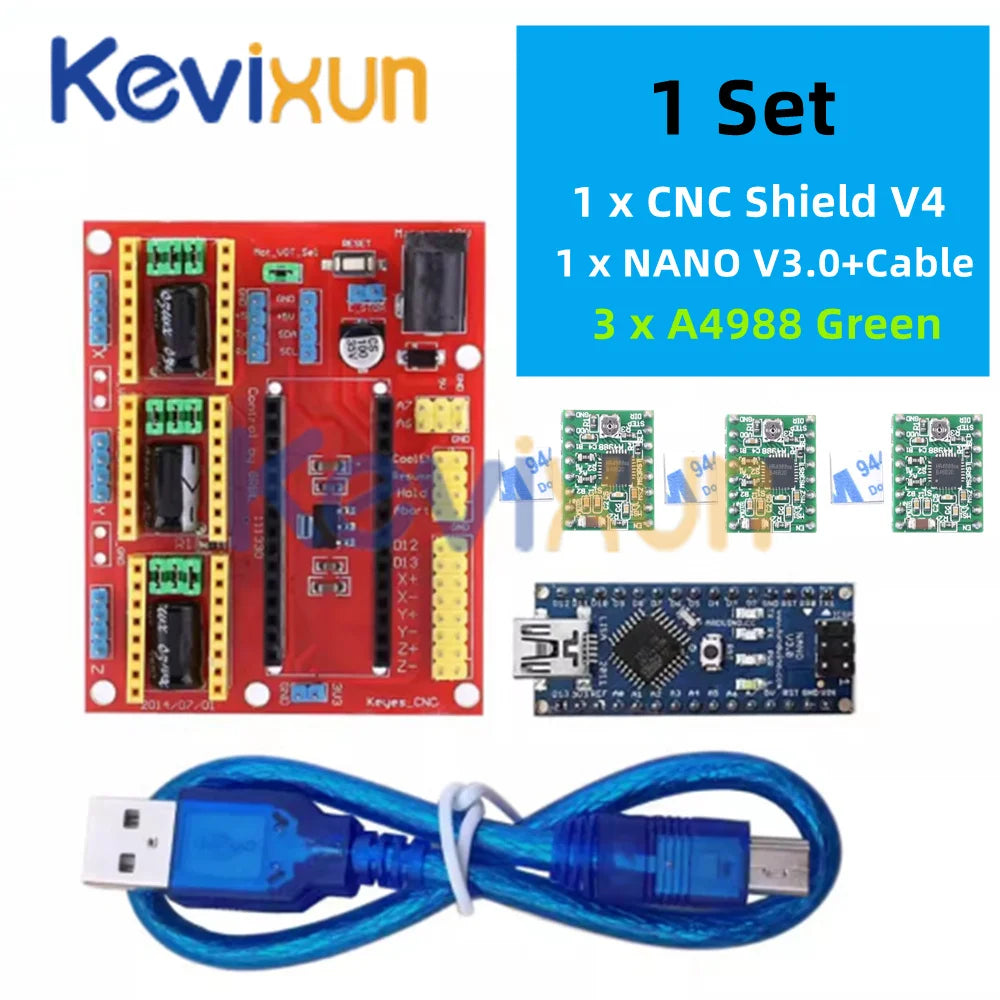 1SET 3DV4 CNC Shield V4 + Nano 3.0 + 3pcs DRV8825 or A4988 Reprap Stepper Drivers Set For Arduino
