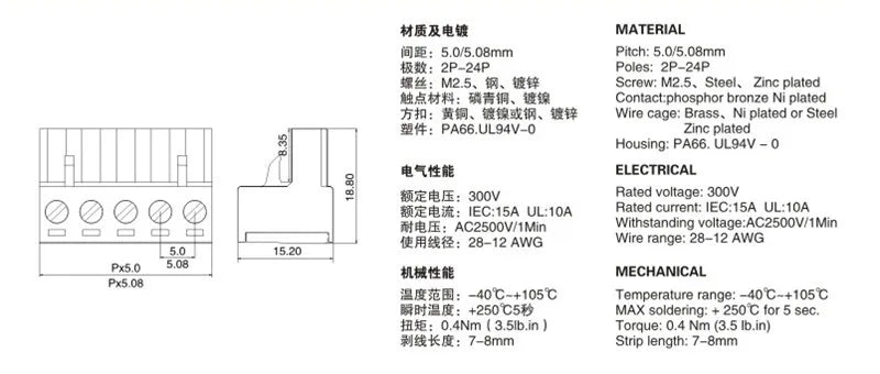 5Pairs 5.08mm Terminal Block 2/3/4/5/6/7/8/9/10/12P Screw Plug-in PCB Terminal Block Open Pin Male/Female Pluggable Connector