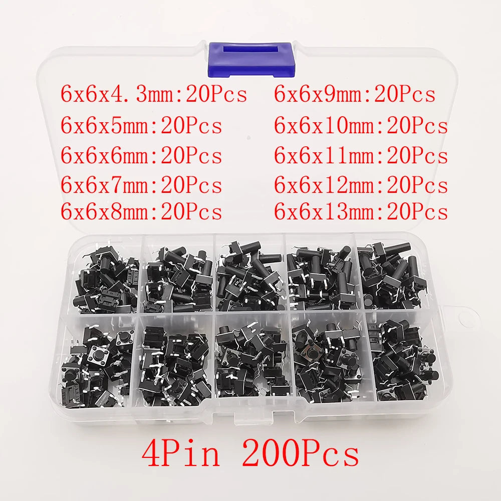 1Box 6x6mm Micro Push Button Tactile Tact Switch Kit 12V 2/4 Pin DIP2 PCB Momentary Switch DIY TV Toy Home Use Button Key Switch