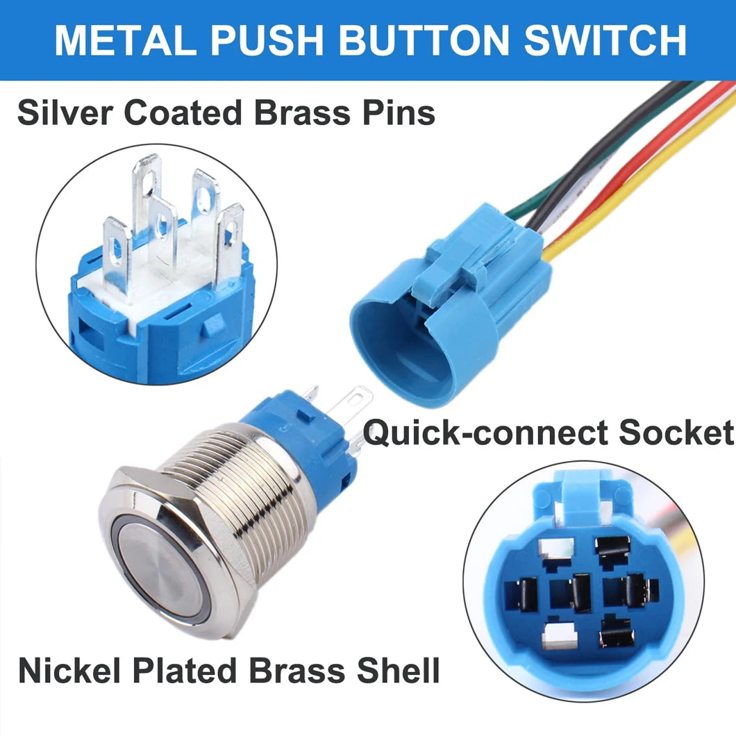 ABILKEEN 16/19/22MM LED Ring Light Metal Push Button Switch 1NO1NC/2NO2NC LED Ring Light Momentary/Latching Push Button Switch