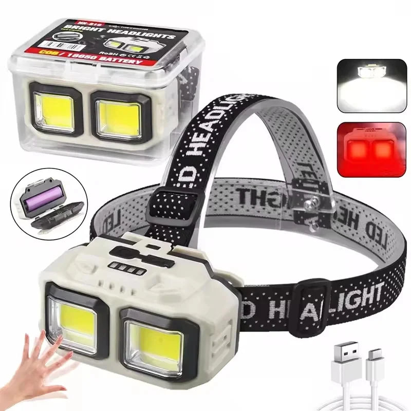 HOMEFISH COB LED Headlamp Induction USB Rechargeable Head Flashlight Powerful Work Light for Outdoors Camping Fishing