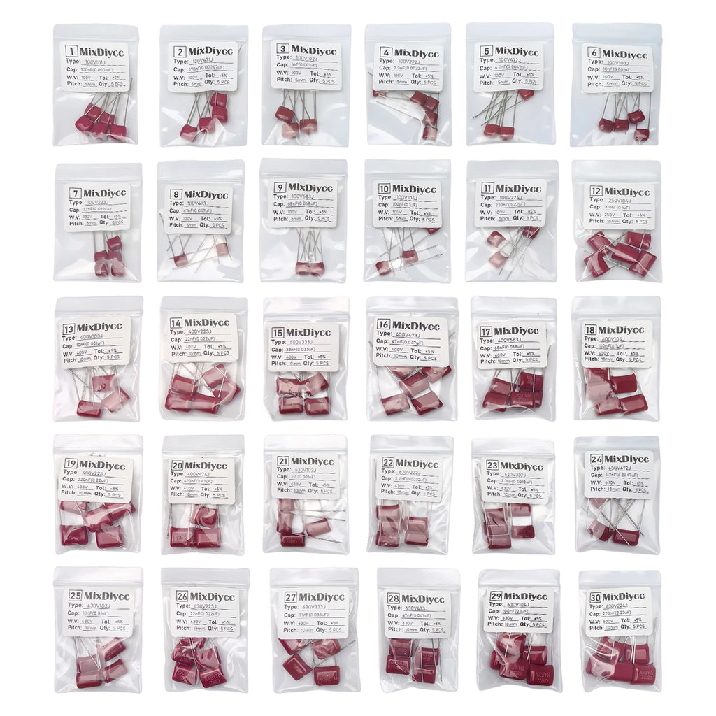 30 Values CBB Polypropylene film Capacitor Kit 100V/400V/630V 471/102/472/103/473/104/224/474 1/4.7/10/100 nF uF Total 150 Pcs