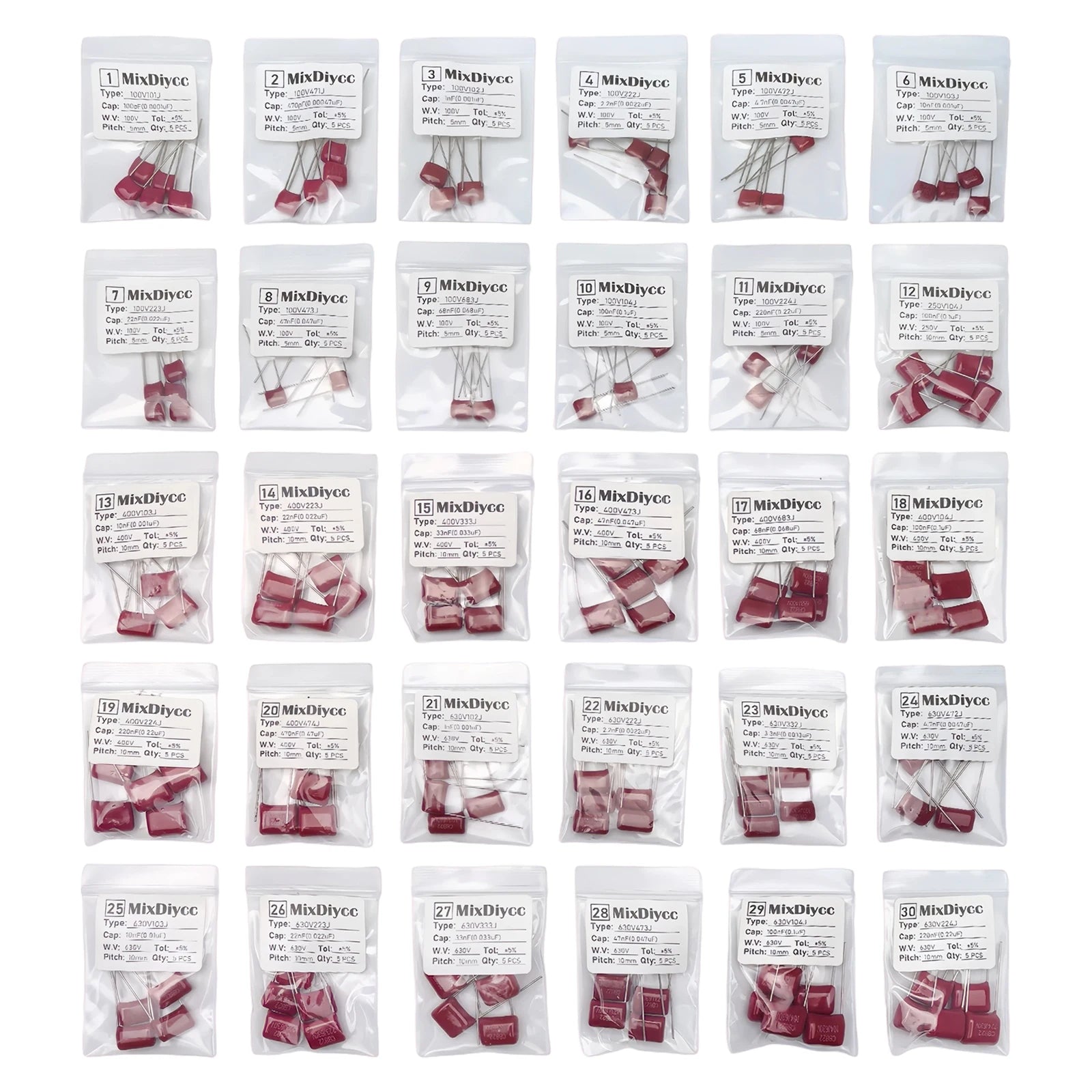 30 Values CBB Polypropylene film Capacitor Kit 100V/400V/630V 471/102/472/103/473/104/224/474 1/4.7/10/100 nF uF Total 150 Pcs