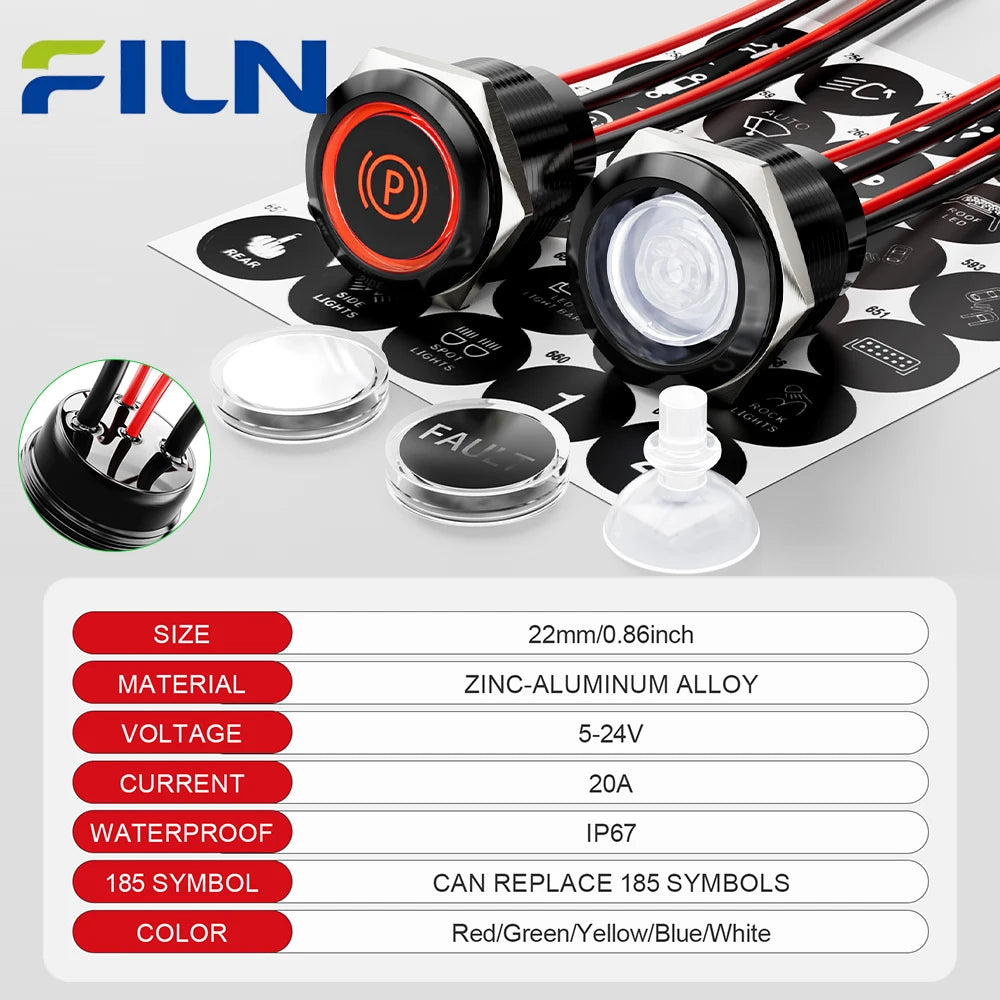 FILN 2Pcs 22mm Symbol Push Button Switch 20A IP67 Waterproof Latching Momentary Marine Switches 185 Replacement Symbols 5V-24V