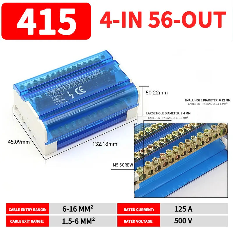 UK207/211/215/407/411/415 DIN Rail Terminal Block, 125A Distribution Box 1/2 In Several Out, Electrical Junction Box