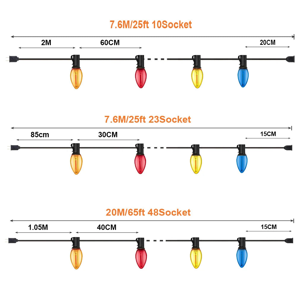 Colorful Outdoor String Lights C7 Shatterproof Replacement Bulbs 1W E12 Base RGB Waterproof Garland for Party Garden Decorations