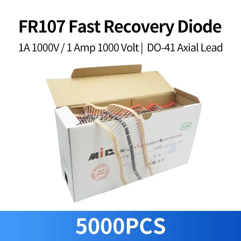 5000PCS FR107 Diode Fast Recovery 1A 1000V DO-41 Axial Lead 1 Amp 1000 Volt Electronic Silicon Diodes Replacement FR-107