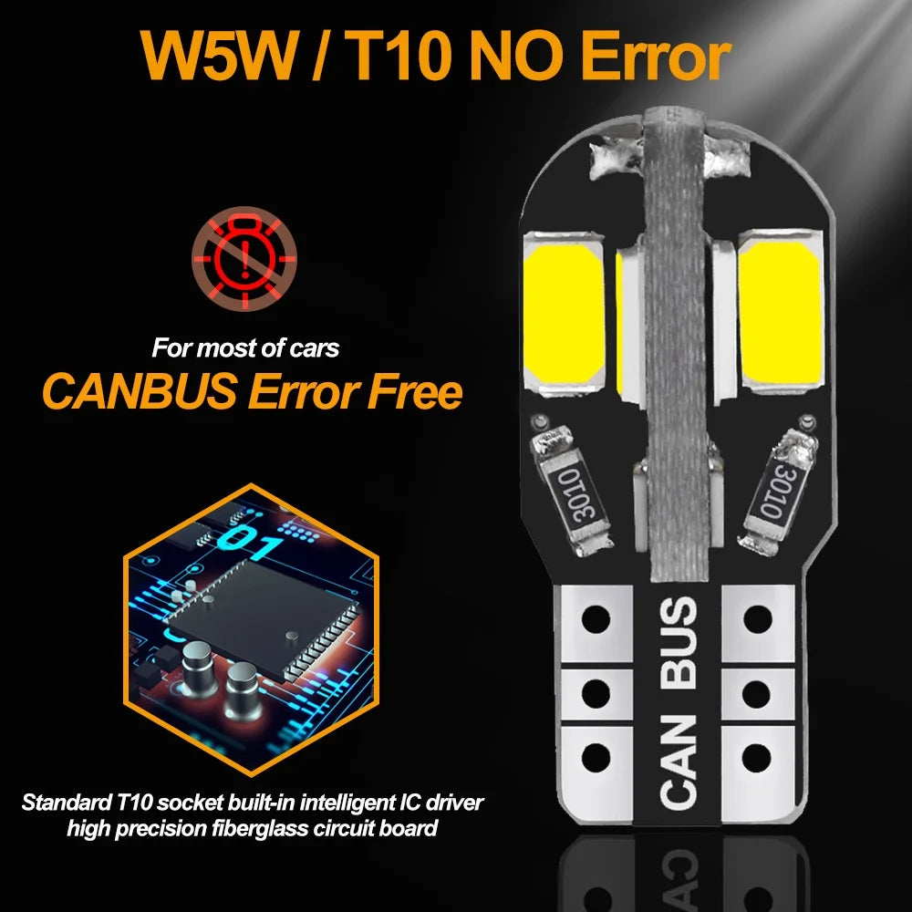 20/10Pcs W5W T10 LED CANBUS No Error 5W5 12V 2W 600Lm Super Bright Car Interior Side Light 194 3030 SMD Auto Bulb White Amber Re