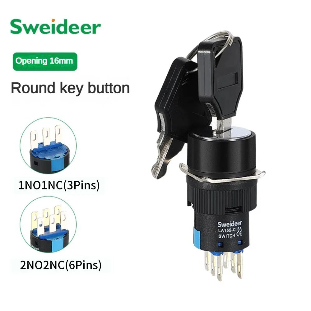 16mm Rotary Knob Push Button Switch 2 3 Positions Latching Self Lock 3/6 Pins Round Square Key Selector Start Up Power Switch