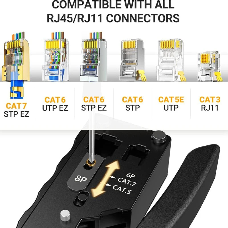 RJ45 Crimp Plier Pass Through Crimper Stripper Cutter for Cat7 Cat6 Cat5e 8P Modular Connector Ethernet All-in-one Wire Tool