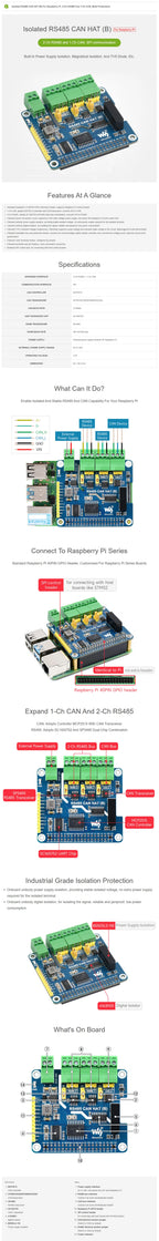 Waveshare Isolated RS485 CAN HAT (B) For Raspberry Pi, 2-Ch RS485 and 1-Ch CAN, Canbus, for Raspberry Pi 5/4B/3B