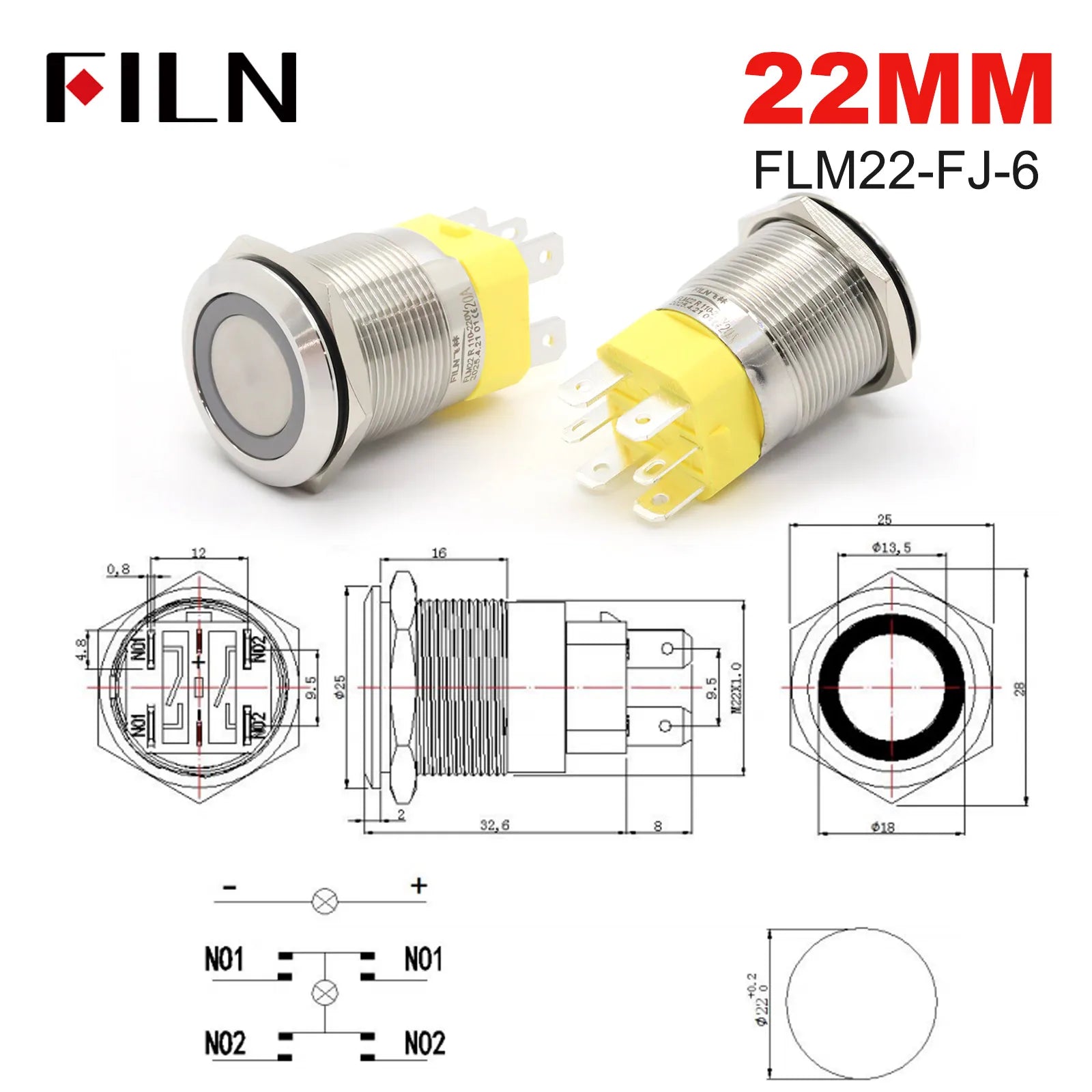 19mm 22mm 20A 12V 24V 110V 220V High Current IP68 Waterproof Flat Ring Round Push Button Switch Metal Stainless Steel 20cm Wire