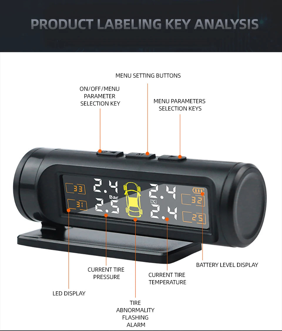 E-ACE 4 Sensors TPMS Removable Battery Wireless Intelligent Sensing Tire Pressure Monitor System Safety Alarm LCD Display