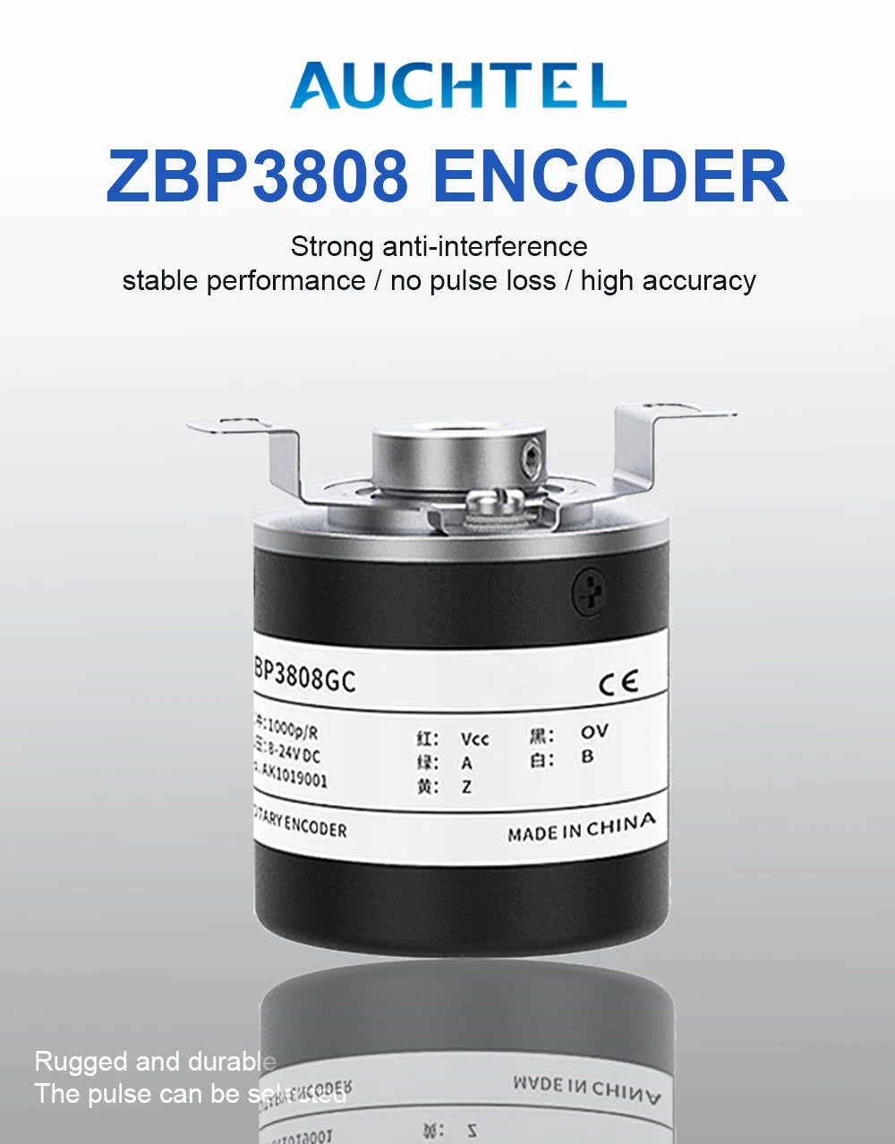AUCHTEL 38mm Incremental Rotary Encoder 8mm Half Hollow Shaft Photoelectric Optical Switch 10-1024-1800-2500-3600 PPR 5-24VDC