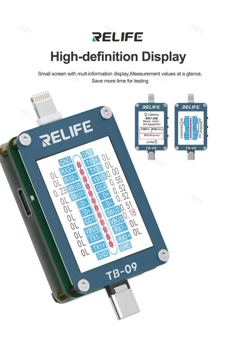 RELIFE TB-09 Tail Plug Detector Lightning Type-C Interface Charging Port Tester High-definition Display Mobile Phone Diagnosis