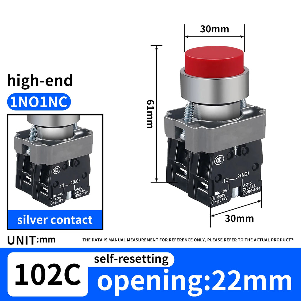 10Pcs 22MM High head Momentary Push Button Switch 1NO1NC SPDT 10Amp 600V Metal Head Waterproof IP65,Control power button switch
