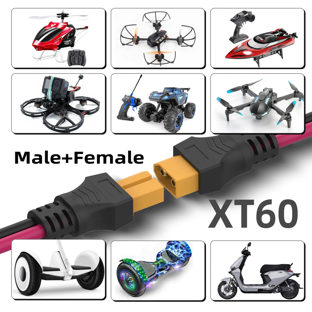  XT60 Plug Female and male Connector with 12AWG Silicon Wire, for Balancing Cars, Drones, Toy Cars, Lithium Batteries and More