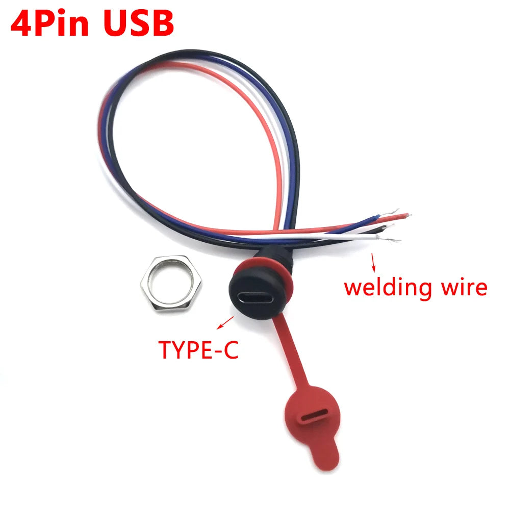 5Pin USB-C Connector With CC Pin Data Nut Snap Plate 4Pin With Wire 3A Waterproof USB Type C to PH2.0 Fast Charging Female Jack