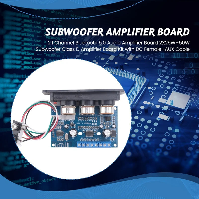 2.1 Channel Bluetooth 5.0 Audio Amplifier Board 2X25W+50W Subwoofer Class D Amplifier Board Kit with DC Female+AUX Cable-A22U