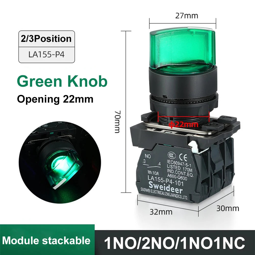 XB4 Knob Switch with LED 22mm 2/3Position Self Locking 1NO/2NO/1NO1NC Select Rotary Switch with Light 12V 24V 220V 10A Red Green