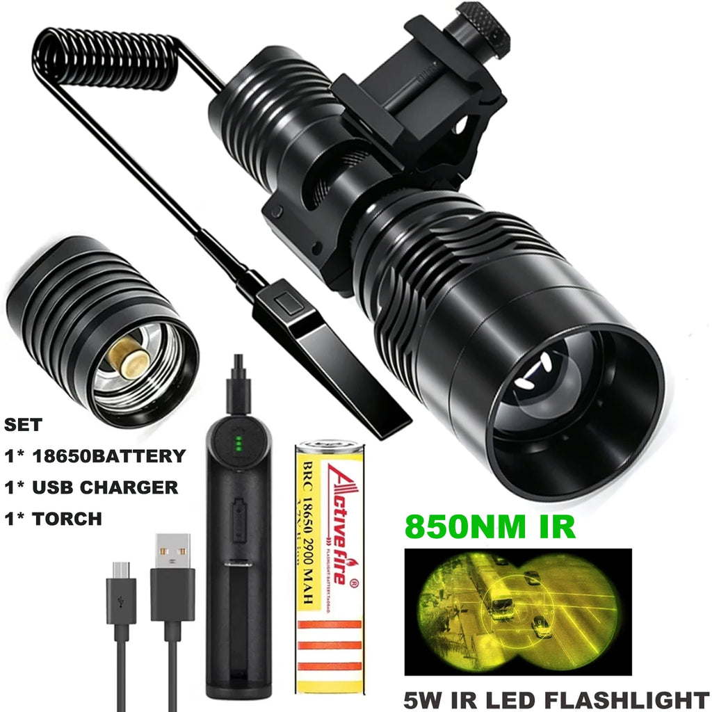 IR Hunting Flashlight 10W Infrared Radiation IR 850nm/940nm Torch Night Vision Zoomable Focus Lantern+18650+Charger+Switch+Mount