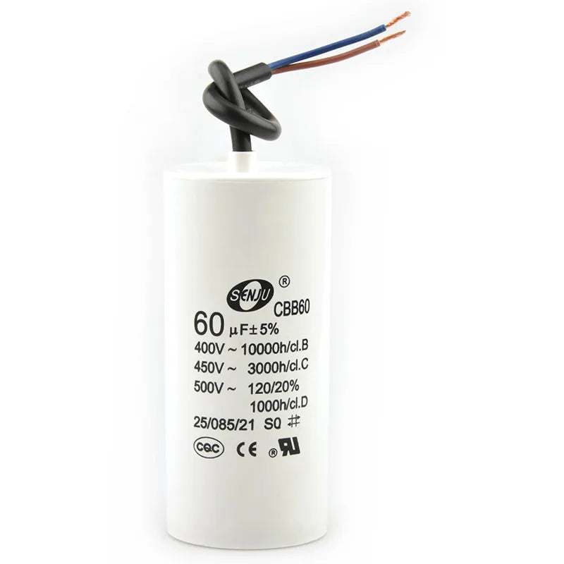 CBB60 Motor Start Capacitor for Washing Machine, Spin Dryer, Water Pump 4/5/6/8/10/12/20/100UF
