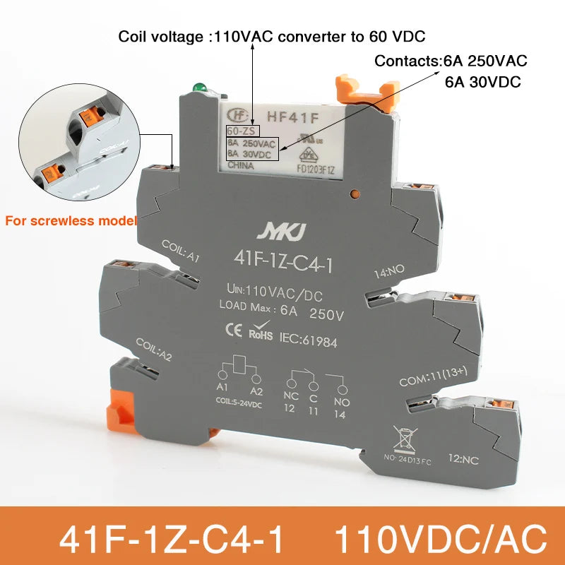 Din Rail Slim Relay Module 41F-1Z-C4-1 Integrated PCB Mount Power Relay With Relay Holder  Relay Socket 6.2mm