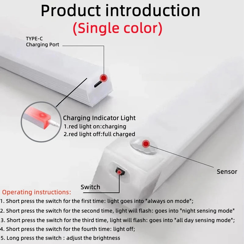 Motion Sensor Bar Light Type C Rechargeable Light LED Magnetic Attraction Night Light for Kitchen Bedside Wardrobe Bookcase