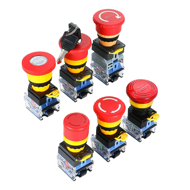 LA38 Emergency Stop 10A Self-locking Rotary Reset Latching Head Power Switch Mushroom Push Button Switch 22mm 1 NO I NC 2NC
