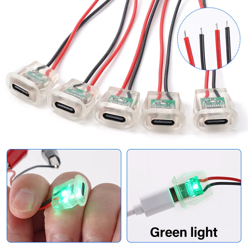 2pin USB Type C 5A Input Type Charging Socket With LED Lights Plate Waterproof USB-C Power Port TYPE-C Female Connector Jack