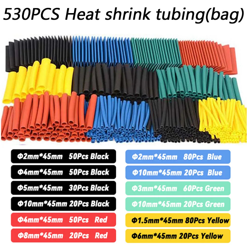 530/328/127pcs Heat Shrink Tube 2:1 Shrinkable Wire Shrinking Wrap Tubing Wire Connect Cover Protection with 300W Hot Air Gun