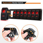 Nilight 8 Gang Rocker Switch Panel 5Pin On Off Toggle Aluminum Holder 12V 24V Dash Pre-Wired Red Backlit Switches for Automotive Cars Marine Boats RVs Truck