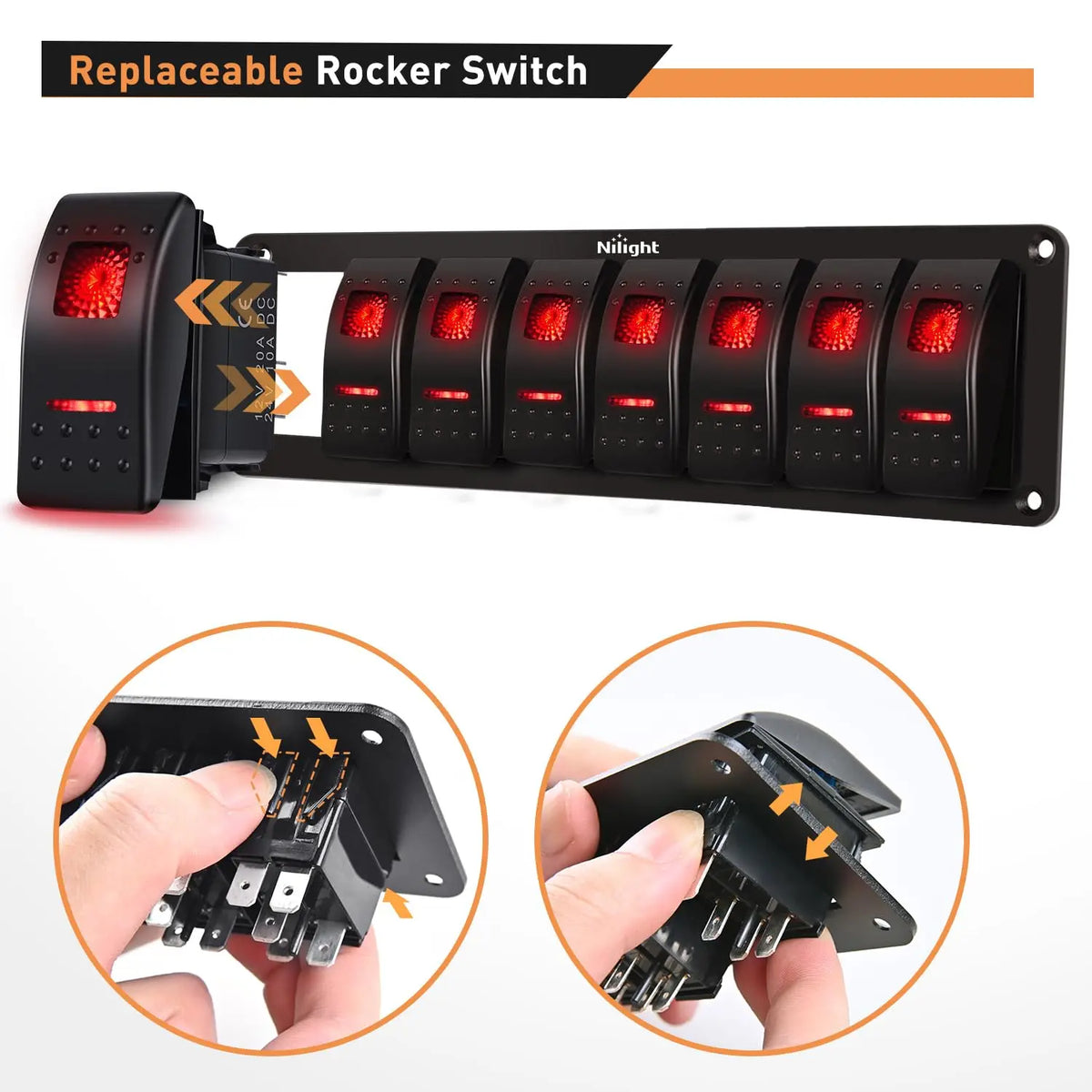 Nilight 8 Gang Rocker Switch Panel 5Pin On Off Toggle Aluminum Holder 12V 24V Dash Pre-Wired Red Backlit Switches for Automotive Cars Marine Boats RVs Truck