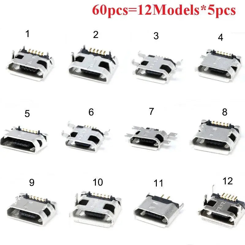 60PCS 5 Pin Socket Connector Micro USB Socket Connectors Assortment Set 12 Models SMD DIP For MP3 Lenovo Huawei Samsung SMD DIP