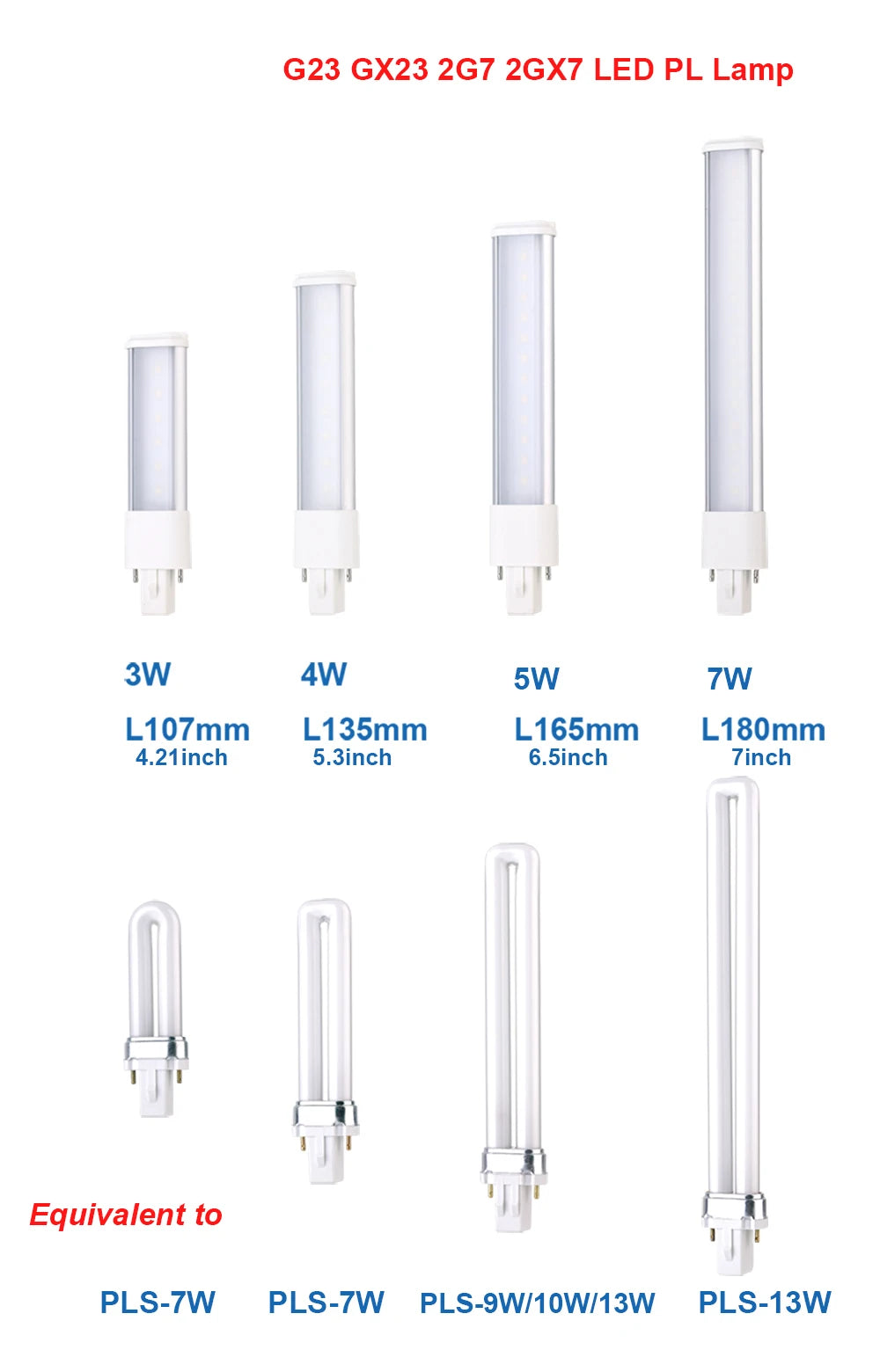 1pc G23 GX23 2Pin CFL PL-S 7W 9W 13W LED 5W 7W Sideview Horizontal Plugin Replacement 110V/220V Desk Table Reading PL Lamp Light
