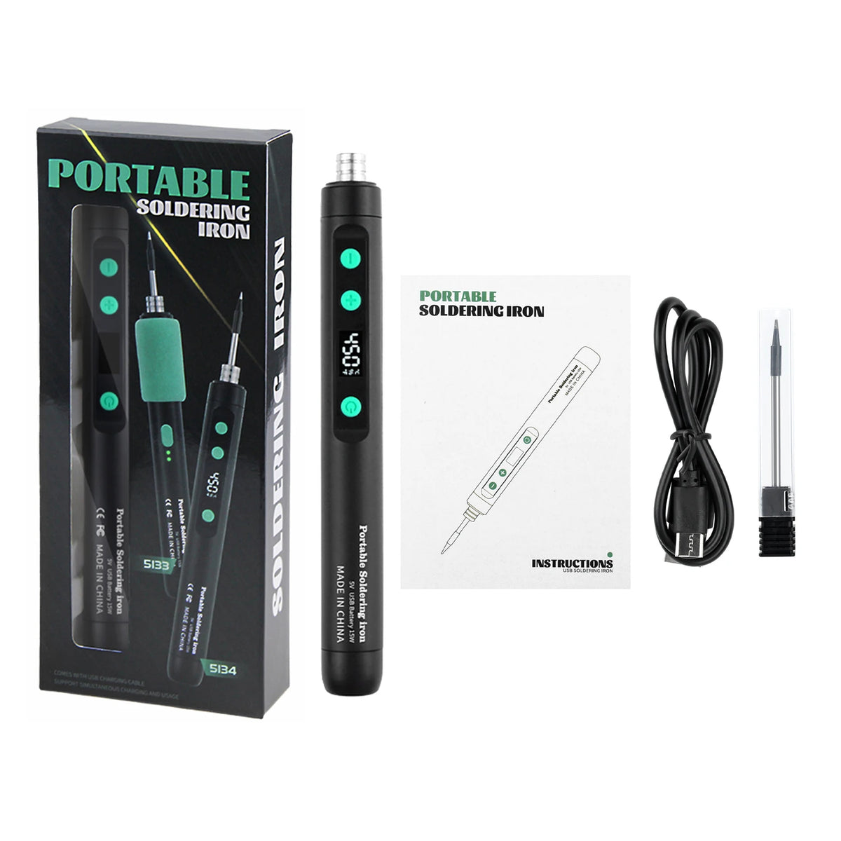 Portable Cordless Soldering Iron Kit with Adjustable Temperature 200-450℃ Type-C USB Charging for Electronics Repair