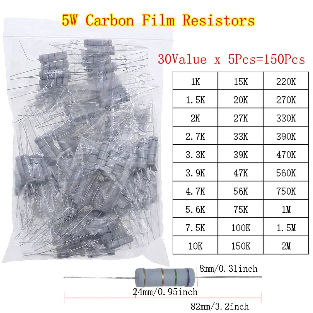 Carbon Film Resistors Assortment Kit set 1/8W 1/4W 1/2W 1W 2W 3W 5W 5% Electronic Components resistor package