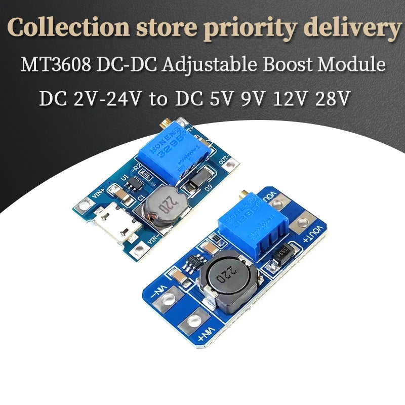 MT3608 DC-DC Adjustable Boost Module 2A Boost Plate Step Up Module with MICRO USB 2V-24V to 5V 9V 12V 28V