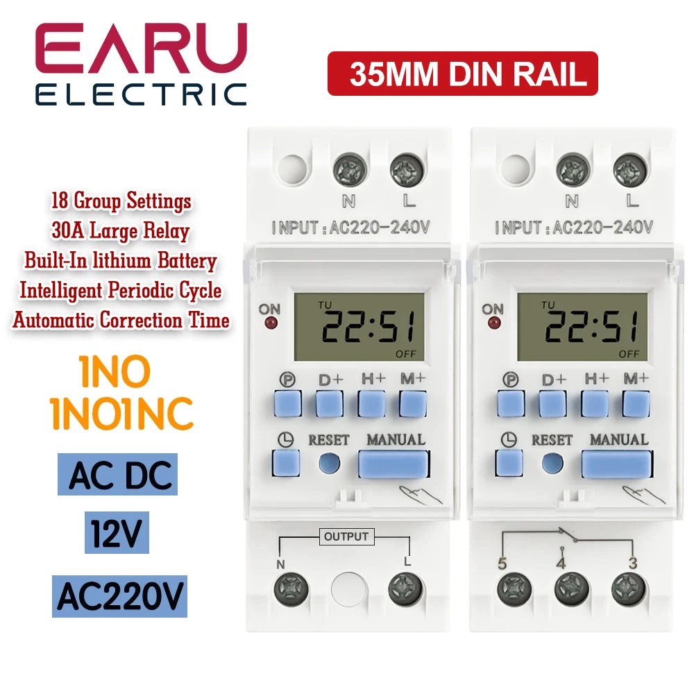 AC 220V 230V 110V DC 12V 24V 48V 15A 30A THC15A Din Rail Weekly 7 Days Programmable Digital Time Switch Relay Timer Controller