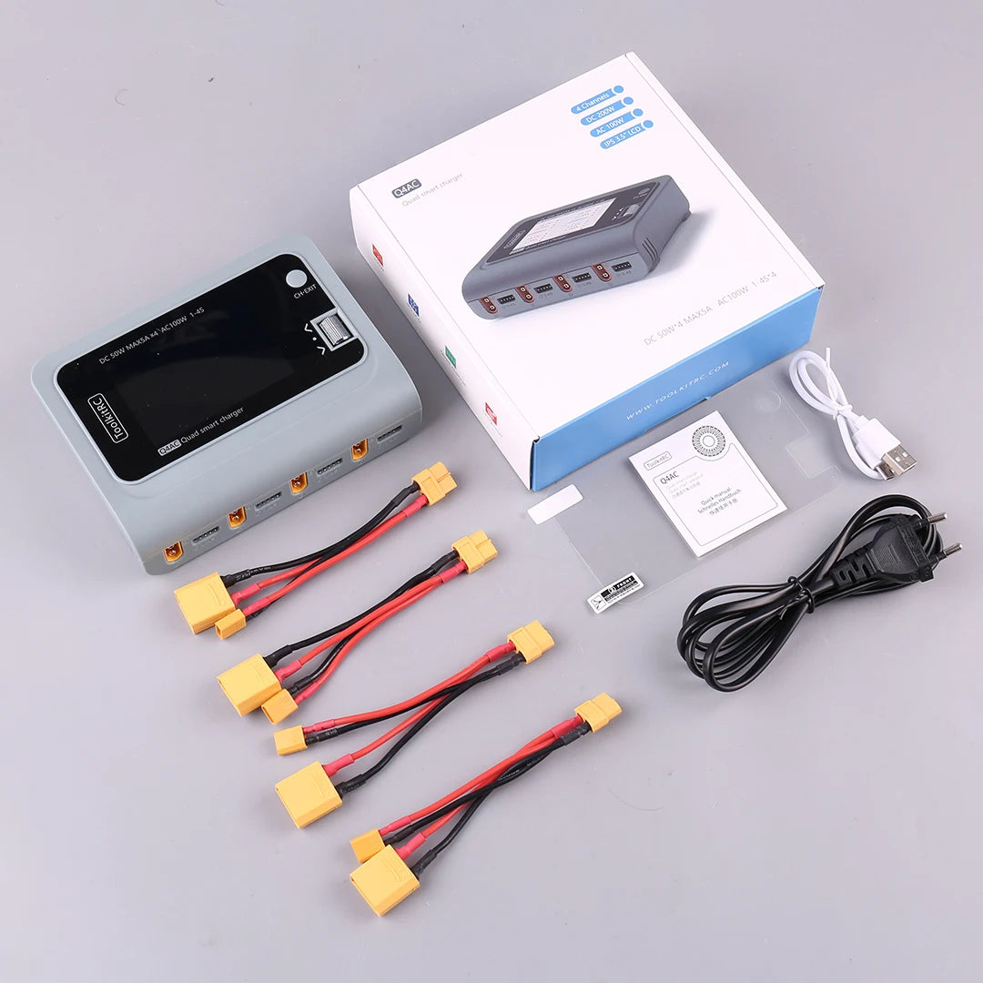 ToolkitRC Q4AC 4x50W 5A AC 100W 4 Port DC Smart Discharger Charger XT60/XT30 Optional for 1-4S Lipo Battery