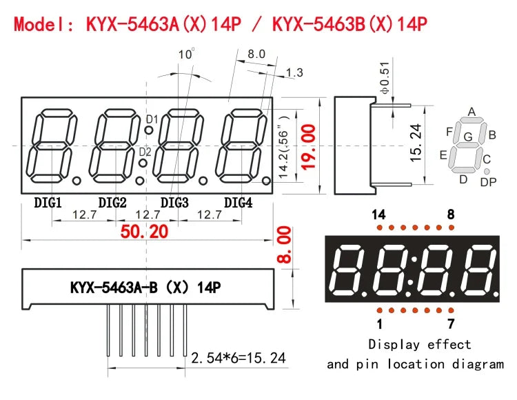10PCS 0.56-inch 4-digit clock digital tube 50mmX19mm digital display "8" height 14.2mm seven-segment digital tube5463series14PIN