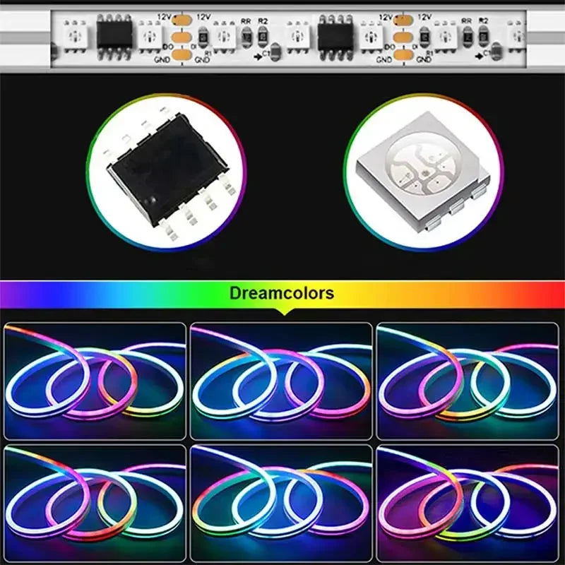 TUYA Neon LED Strip Lights Silicone Neon Rope Light 5-24V 84LEDs/M with Music Sync RGBIC Dreamcolor Chasing Strip Tape for Room