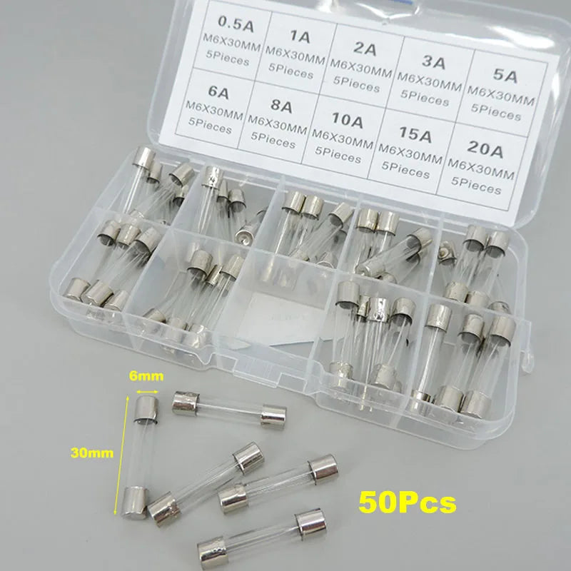 50Pc/box 6x30mm fast Blow Glass Tube mix Fuse Assorted Box mix Kits T 0.5A 1A, 2A, 3A, 5A, 6A, 8A, 10A, 15A, 20A 3cm 6x30 c1
