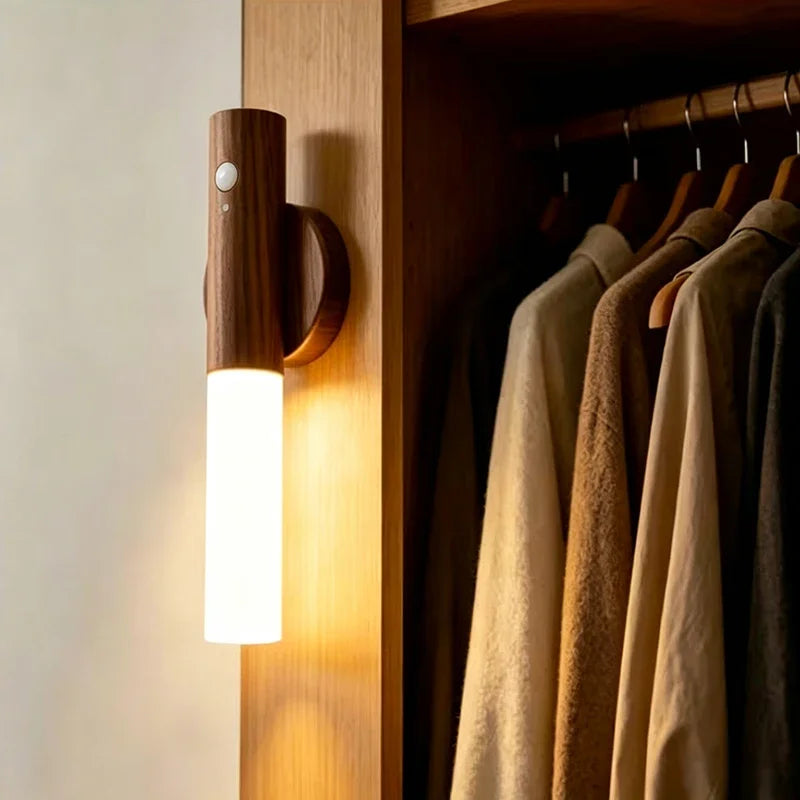 Wood Grain Motion Sensor Light Indoor Magnet Body Hallway Rechargeable LED Wireless Wall Sconce Portable Decor Torch Night Light