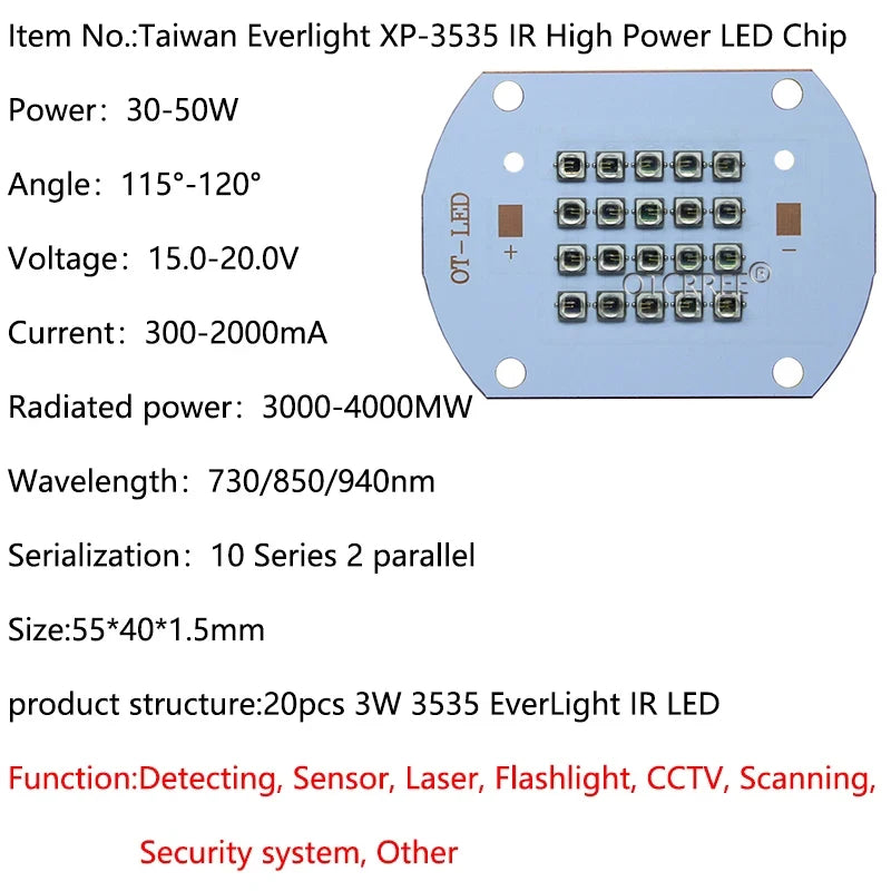 High Power LED 3535 Chip 730nm 850nm 940nm IR LED Infrared 10W 20W 30W 50W 850 nm 940 nm Emitter Light Lamp LED Diode