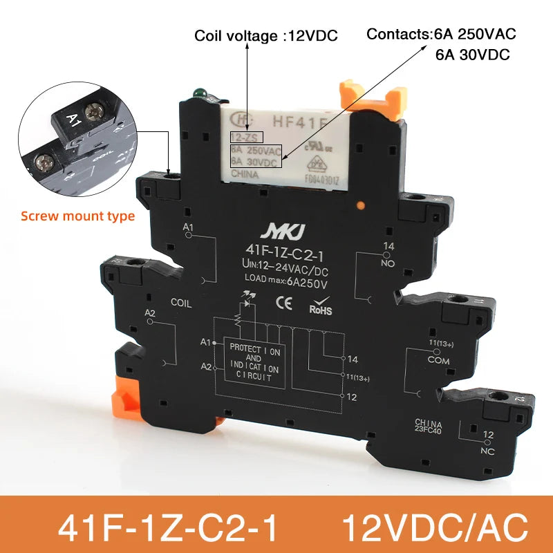 Din Rail Slim Relay Module 41F-1Z-C4-1 Integrated PCB Mount Power Relay With Relay Holder  Relay Socket 6.2mm