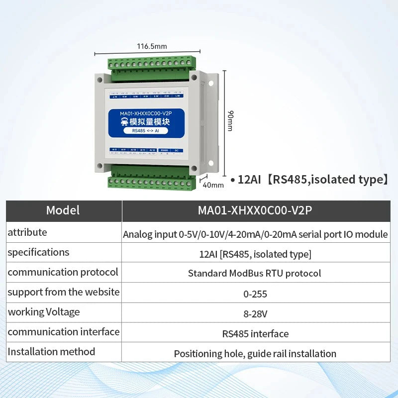 ModBus RTU Serial IO 1/2/4/6/8/10/12-Channel Analog Input Module RS485 CDSENET MA01-XHXX Rail Installation 8~28VDC Watchdog